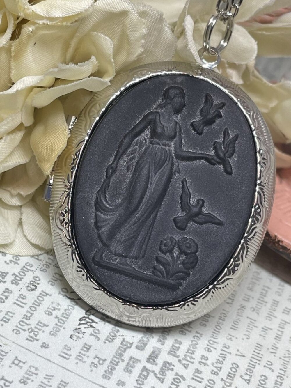 Slvr BLACK Neoclassical Slate Carved Bird Lady Dove Necklace Locket Art Jewelry